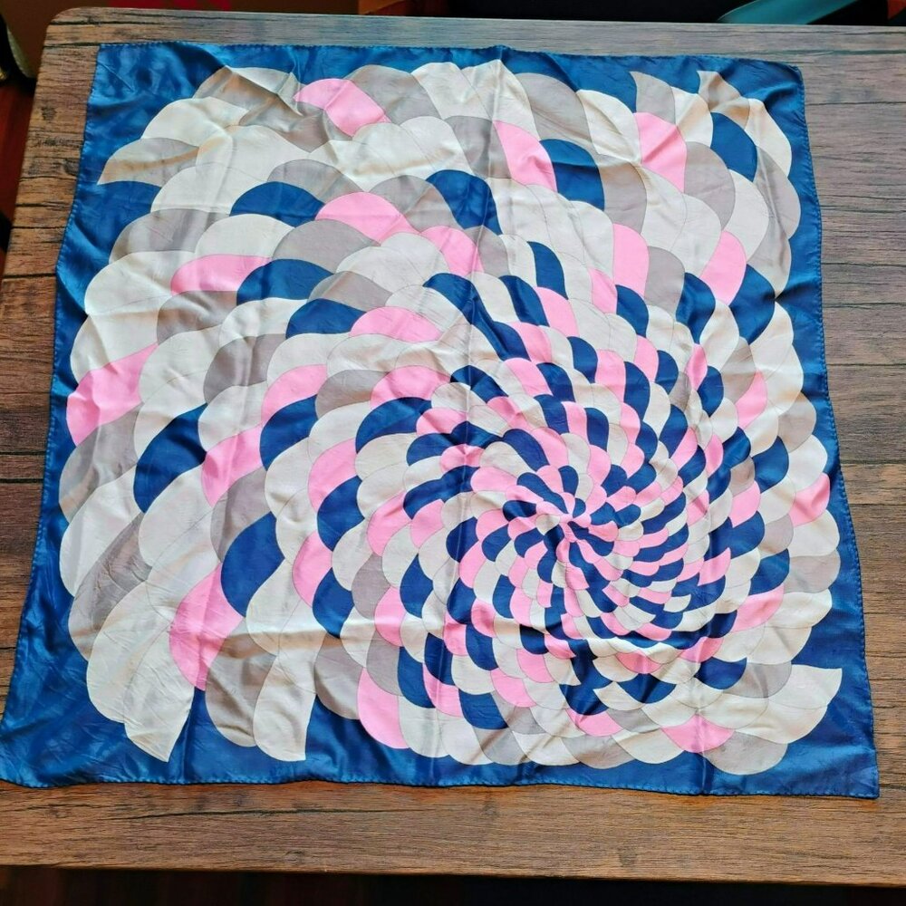 Vintage Psychedelic Spiral Square Scarf, Pink Blue 25" Hand-Stitched Hem Retro